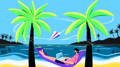 Digital illustration of a man relaxing in a purple hammock between two palm trees on a tropical beach while using a laptop.