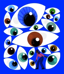 Illustration of a woman standing among numerous large, scattered eyes against a vibrant blue background by James Boast