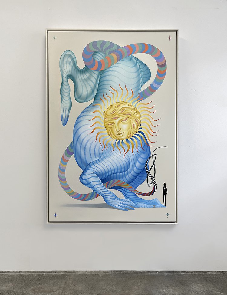 Surreal art painting features an abstract blue figure with a sun face, a striped snake-like form, and a silhouetted figure in the background.