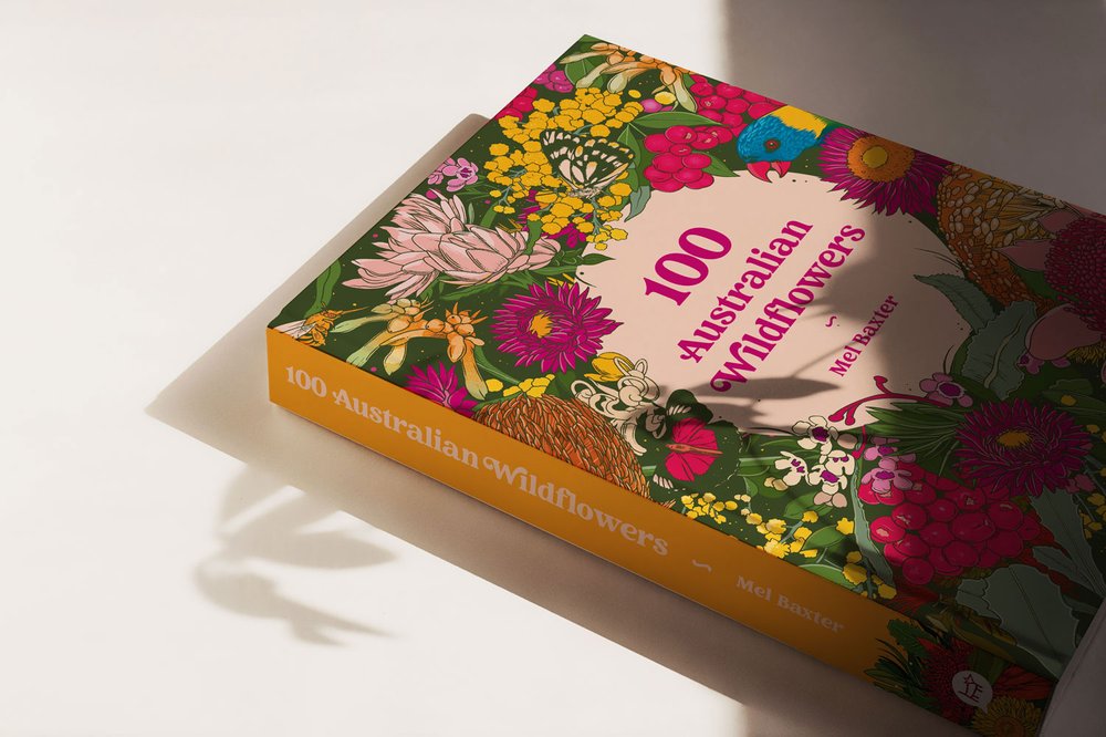 Book cover with colorful illustrations of Australian wildflowers, featuring text '100 Australian Wildflowers' and the author's name.