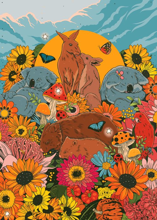 Illustration of Australian animals including koalas, kangaroos, and wombats among colorful flowers, mushrooms, and butterflies in a whimsical style.