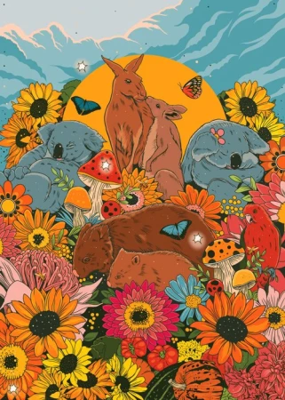 Illustration of Australian animals including koalas, kangaroos, and wombats among colorful flowers, mushrooms, and butterflies in a whimsical style.