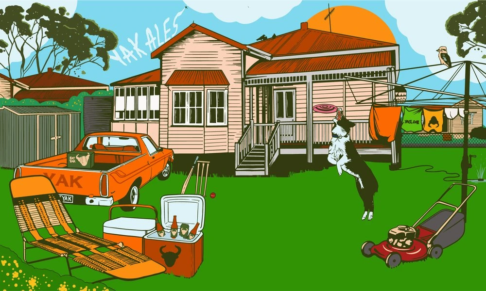 Illustration of a house with a lawn, car, and dog catching a frisbee.  A clothesline and lawnmower are also in the yard.