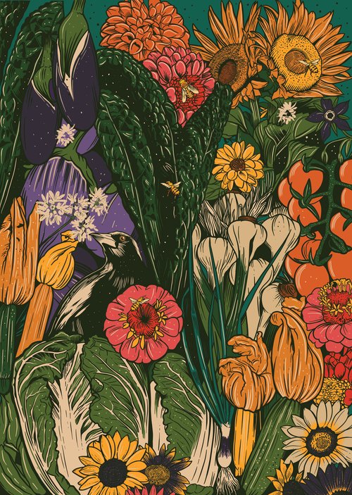 Vibrant illustration features an Eastern magpie bird among colorful flowers and vegetables including zinnias, sunflowers, tulips, and eggplants.