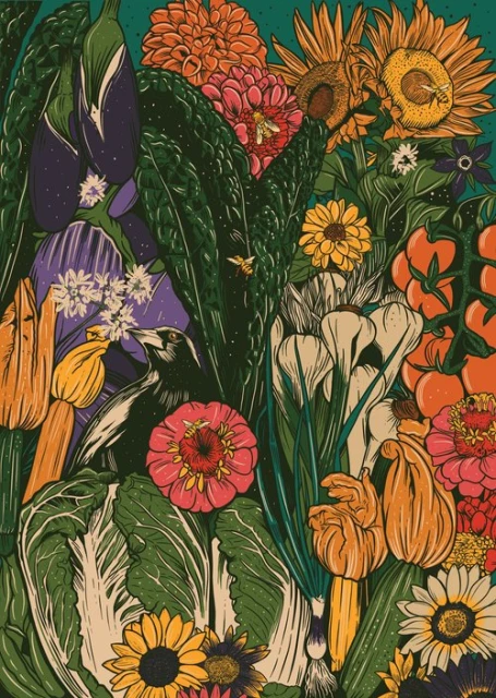 Vibrant illustration features an Eastern magpie bird among colorful flowers and vegetables including zinnias, sunflowers, tulips, and eggplants.