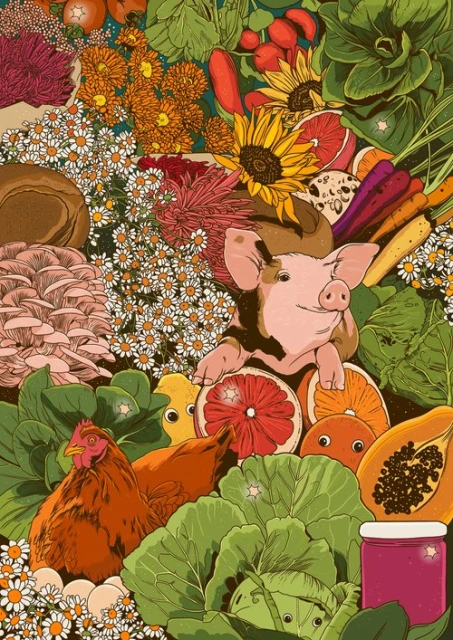 Illustration of a pig surrounded by a variety of produce, including citrus fruit, cabbage, and flowers, along with a hen and eggs.