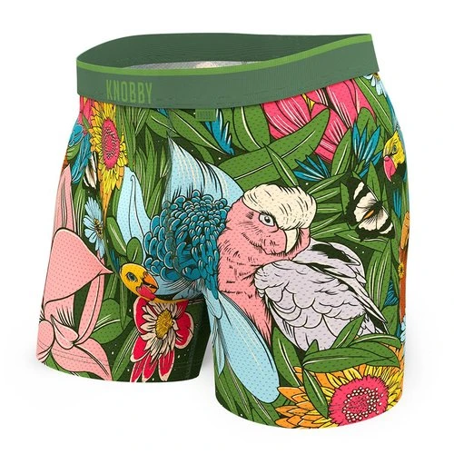 Boxer briefs featuring a vibrant tropical floral and bird pattern, displayed against a clean white background.