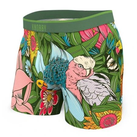 Boxer briefs featuring a vibrant tropical floral and bird pattern, displayed against a clean white background.