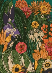 Detailed botanical and wildlife illustration by Mel Baxter featuring a black bird among colorful garden flowers, vegetables, and bees.