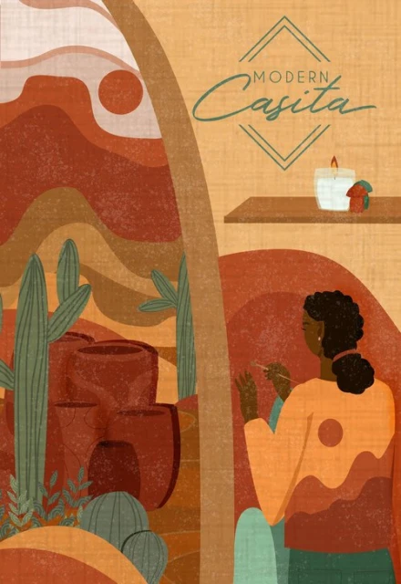 Illustration of an artist painting in a desert-themed room with a candle on a shelf. Southwestern art with warm, earthy tones.