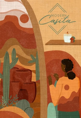 Illustration of an artist painting in a desert-themed room with a candle on a shelf. Southwestern art with warm, earthy tones.