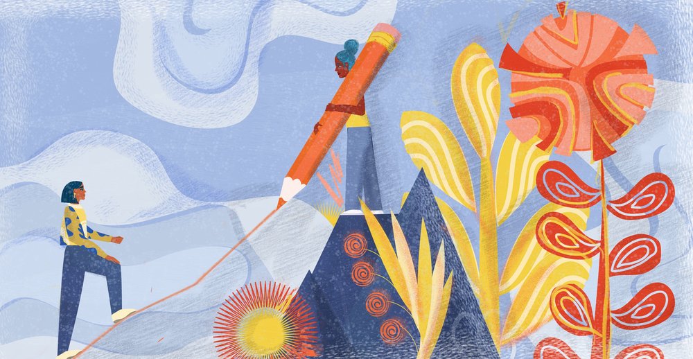 Illustration of two women climbing hills, one using a giant pencil as a climbing aid. Sky background with abstract floral elements.