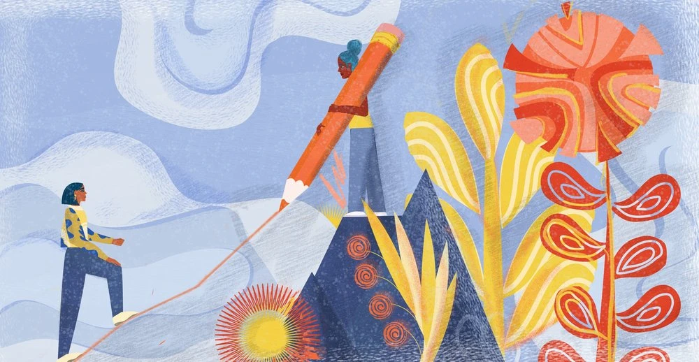 Illustration of two women climbing hills, one using a giant pencil as a climbing aid. Sky background with abstract floral elements.