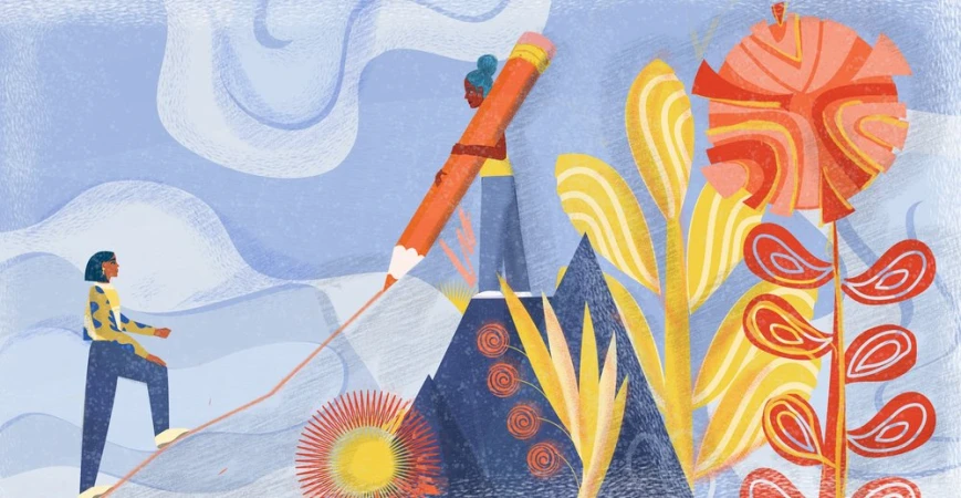 Illustration of two women climbing hills, one using a giant pencil as a climbing aid. Sky background with abstract floral elements.