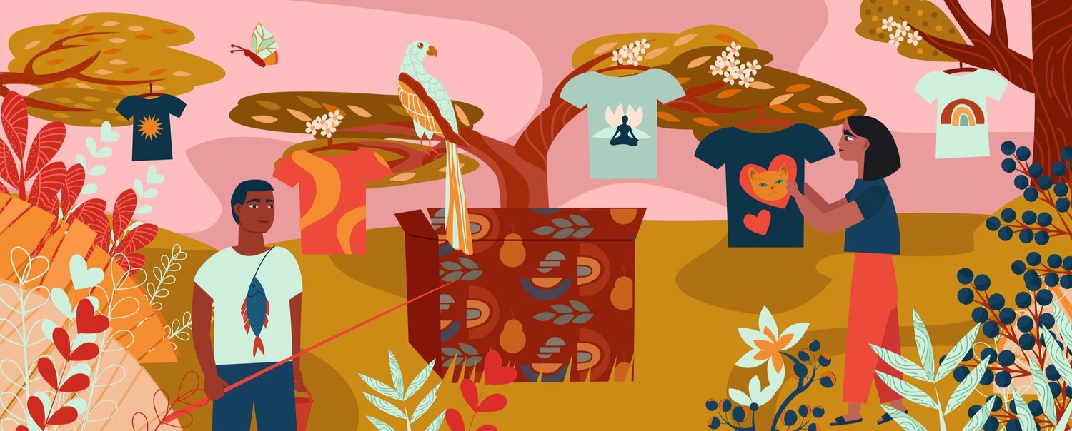 Illustration of woman hanging graphic t-shirts on a tree branch with a man, parrot, and butterfly in a colorful outdoor setting.