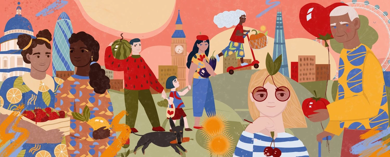 Whimsical illustration of people walking near London landmarks with produce and fruit, featuring colorful artistic details.