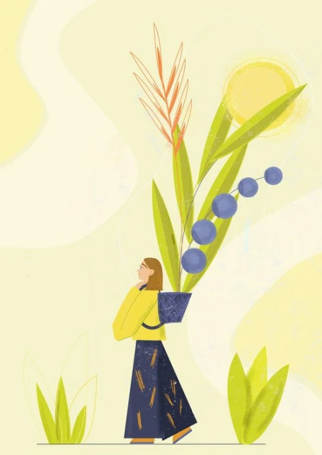 Illustration of a woman carrying a basket of greenery, featuring leaves, berries, and wheat, set against a light yellow background.