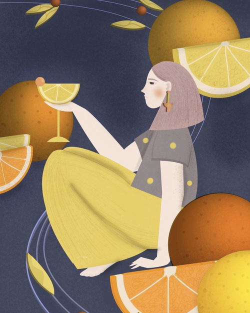 Illustration of woman with pale purple hair sitting cross-legged, holding a cocktail glass surrounded by citrus fruits.