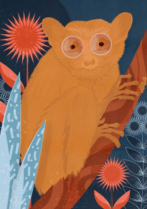 Illustration of a Philippine tarsier perched on a branch surrounded by stylized plants in orange, blue, and brown tones.