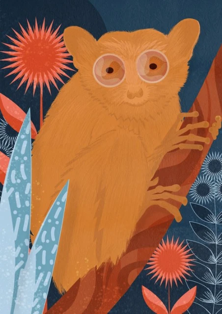 Illustration of a Philippine tarsier perched on a branch surrounded by stylized plants in orange, blue, and brown tones.
