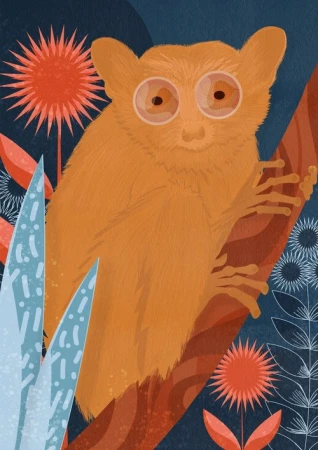 Illustration of a Philippine tarsier perched on a branch surrounded by stylized plants in orange, blue, and brown tones.