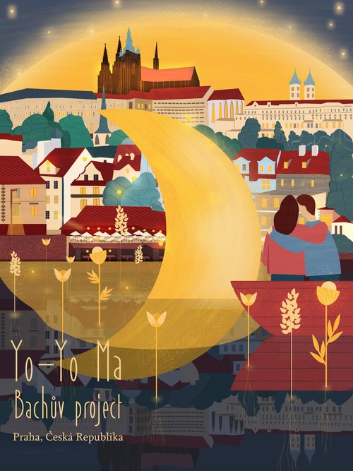 Illustration of a couple embracing while looking out at Prague's cityscape with a crescent moon and stars in a warm, romantic setting.