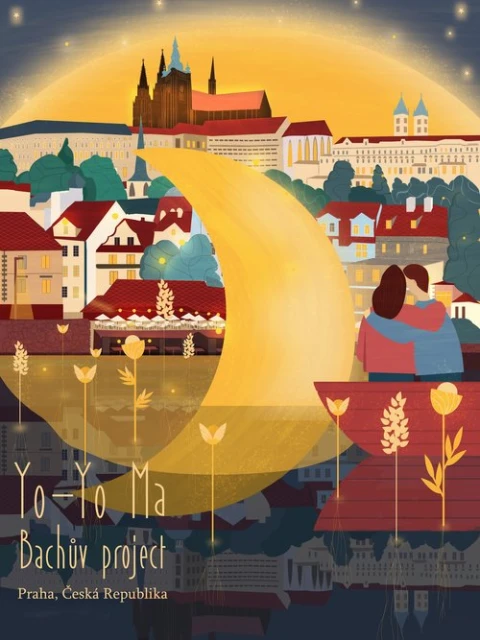 Illustration of a couple embracing while looking out at Prague's cityscape with a crescent moon and stars in a warm, romantic setting.