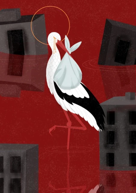 Illustration of a stork carrying a bundle in its beak, set against a backdrop of flooded and destroyed buildings in a city.