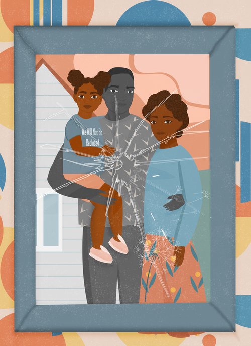 Illustration of a framed photo with an African-American family of three, cracked glass, and the text 'We Will Not Be Replaced'.