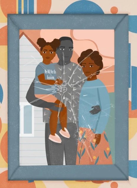 Illustration of a framed photo with an African-American family of three, cracked glass, and the text 'We Will Not Be Replaced'.