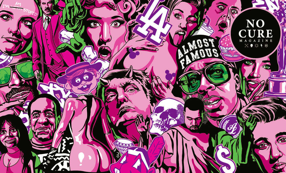 Illustration collage featuring numerous people, magazine logo, and various objects rendered in pink, green, purple and monochrome tones.