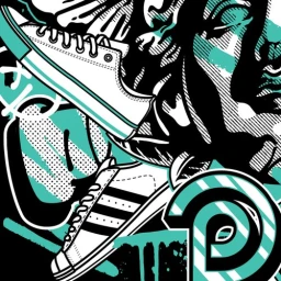 High-contrast black, white, and teal illustration featuring sneakers and graphic patterns by Alex Lehours.