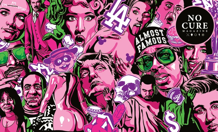 Vibrant pop art illustration collage in pink, green, and purple featuring various pop culture figures and symbols by Alex Lehours.