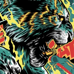Detailed vector illustration of a roaring black panther head with teal accents and yellow lightning bolts by Alex Lehours.