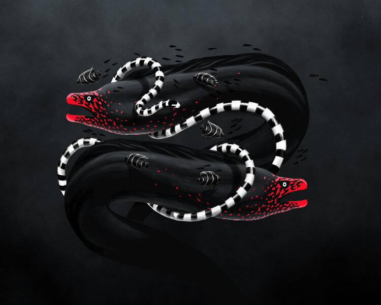 Illustration of two black moray eels with red spots and mouths, surrounded by small fish, against a dark grey gradient background.