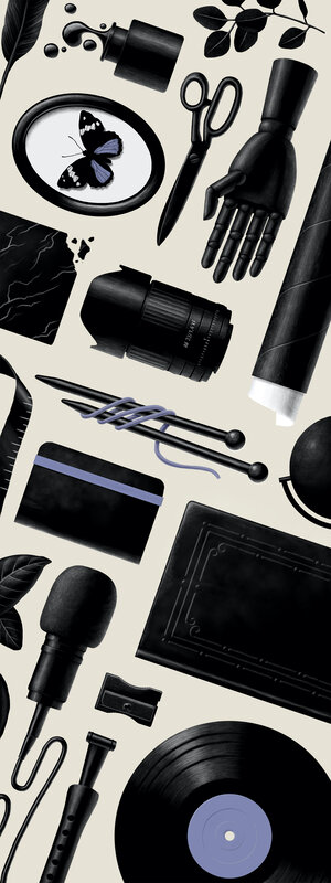 Vertical graphic art illustration featuring black art supplies such as a camera lens, ink pot, microphone, record, and scissors on beige background.