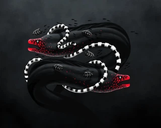 Digital illustration of two black eels with red heads and white striped bodies swimming in dark water by Yerevan Dilanchian