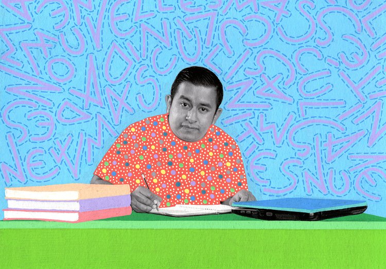Illustration of a man writing at a green desk with books and a laptop, set against a blue background with sketched letters.