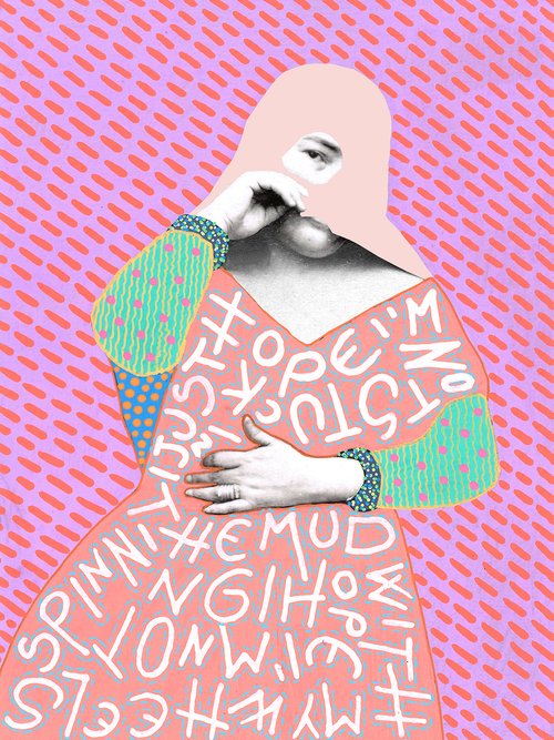 Collage illustration features a woman in a pink dress overlaid with white text, set against a pink background with dashed lines.