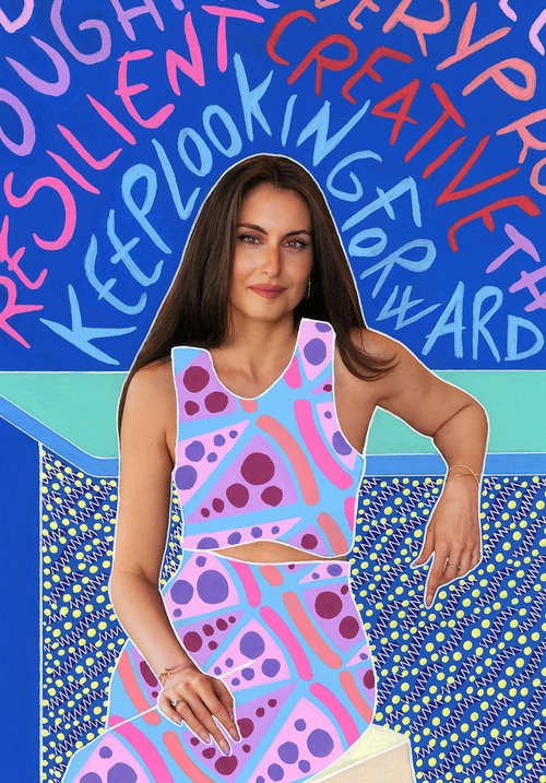 Woman in patterned outfit poses against an abstract, colorful background with motivational words. Beauty and Fashion concept.