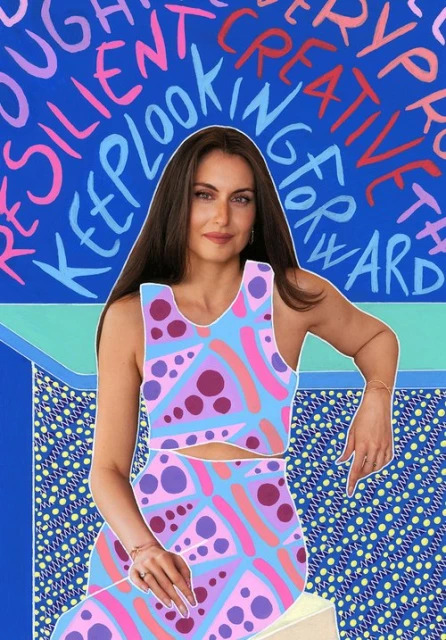 Woman in patterned outfit poses against an abstract, colorful background with motivational words. Beauty and Fashion concept.