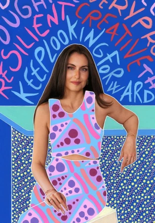 Woman in patterned outfit poses against an abstract, colorful background with motivational words. Beauty and Fashion concept.