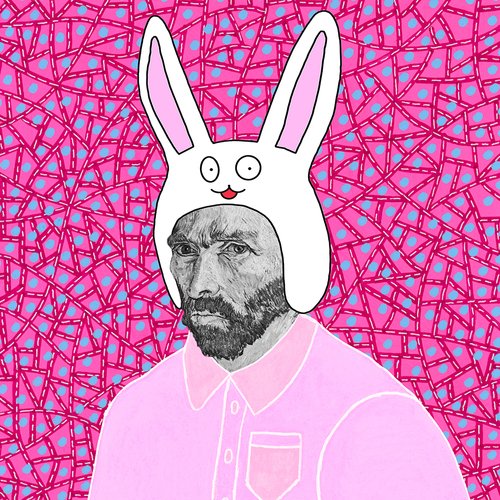 Illustration of Vincent van Gogh wearing a pink shirt and a white bunny hat on a patterned pink background in cartoon style.