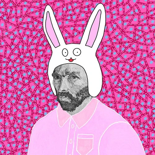 Illustration of Vincent van Gogh wearing a pink shirt and a white bunny hat on a patterned pink background in cartoon style.