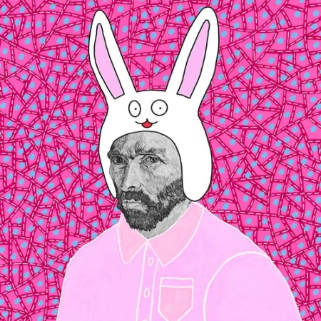 Illustration of Vincent van Gogh wearing a pink shirt and a white bunny hat on a patterned pink background in cartoon style.