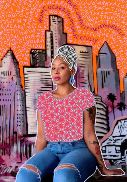 Portrait of an adult female in blue jeans and a short-sleeved crop top, sitting against an abstract cityscape backdrop with text.