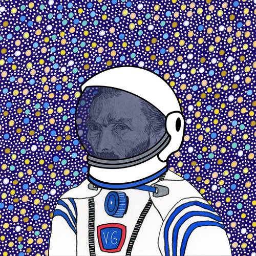 Illustration of Vincent van Gogh wearing a white and blue astronaut suit against a blue background with colored polka dots.