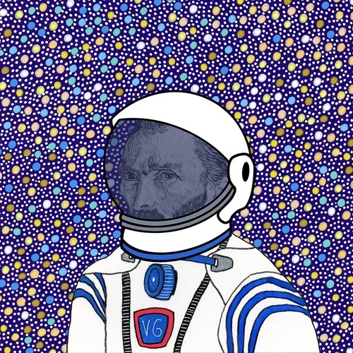 Illustration of Vincent van Gogh wearing a white and blue astronaut suit against a blue background with colored polka dots.
