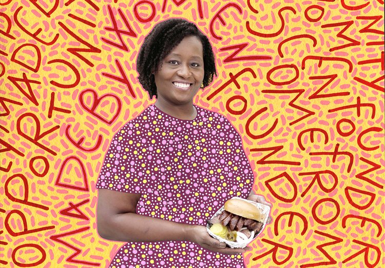 Illustration of a smiling African-American woman holding a sandwich against an abstract yellow and red background with overlaid text.