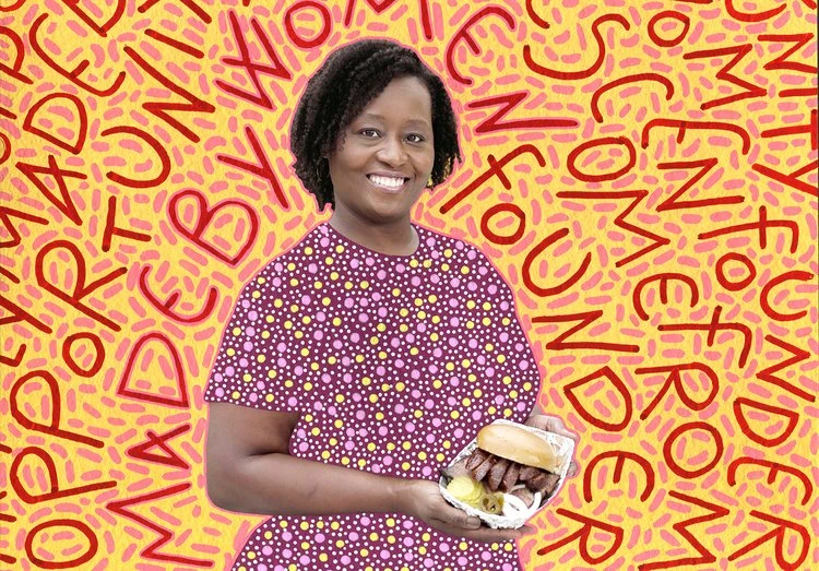 Illustration of a smiling African-American woman holding a sandwich against an abstract yellow and red background with overlaid text.